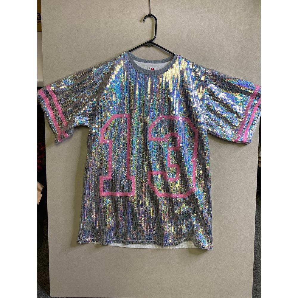 Heart & Heels Holographic Sequin Jersey Top Pink 13 Silver Iridescent S/M